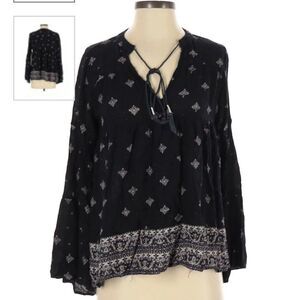 Luck Brand Women's Black Comfort V-neck Teal Paisley Blouse Size Small